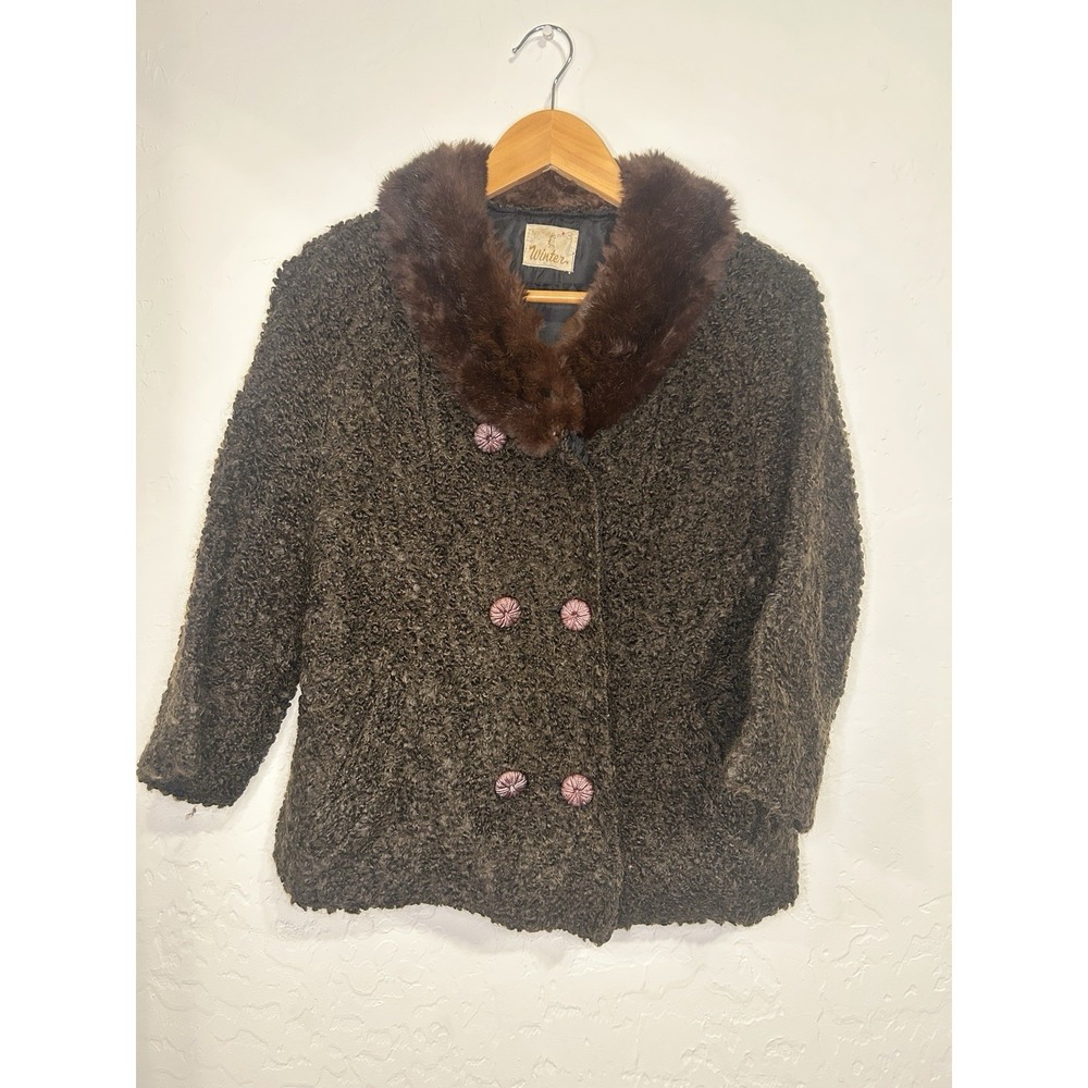 Vintage Black Curly Lamb Crop Jacket with Fur Collar Swing S/M‎